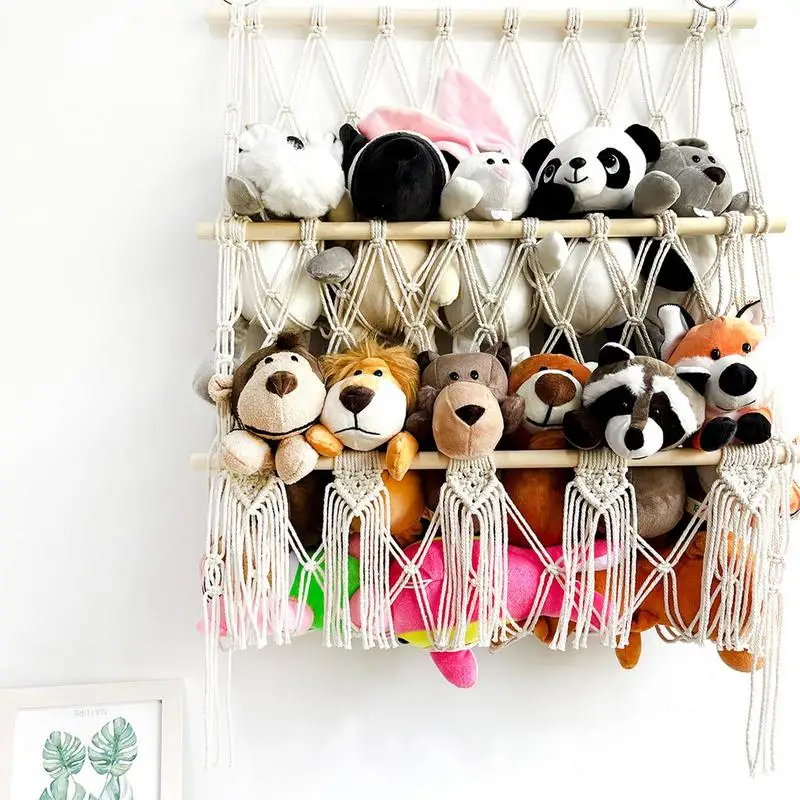 Stuffed Animals Toy Storage Hammock Hand-Woven Cotton Rope Hanging Organizer For kid room Storage Mesh Holder