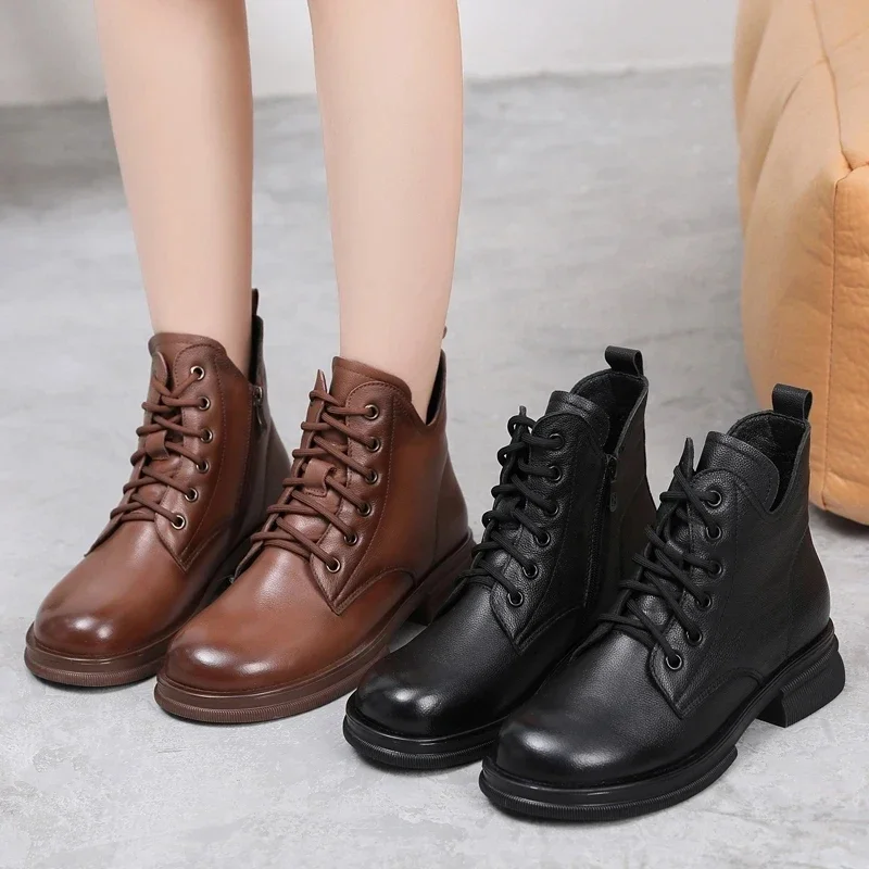 2025 بوط من الجلد الطبيعي للنساء أحذية الخريف الشتاء سميكة وحيد جلد البقر النساء حذاء من الجلد ماركة أحذية نسائية