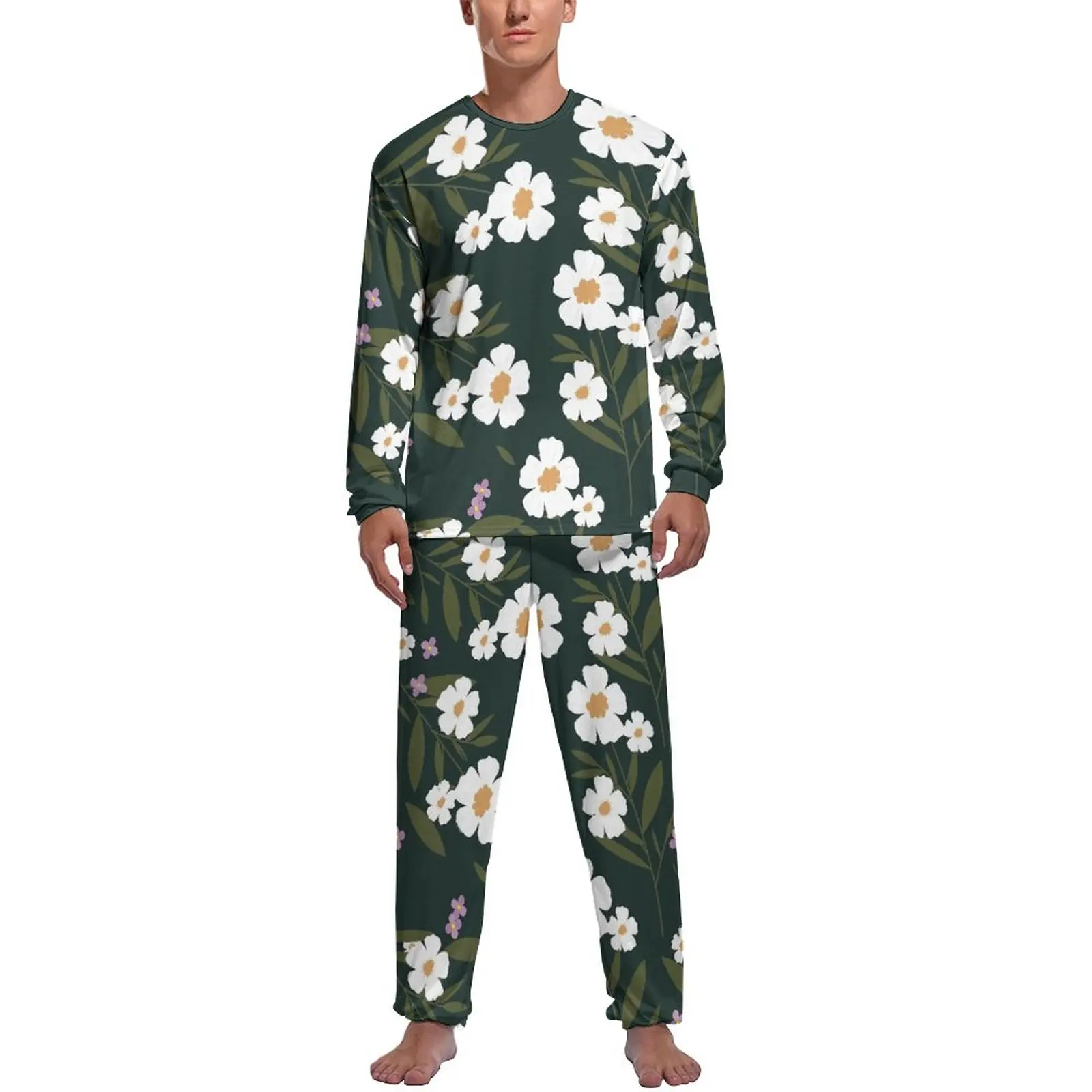 Ditsy Floral Pajamas Long Sleeves White Flowers 2 Piece Casual Pajama Sets Autumn Man Graphic Kawaii Nightwear