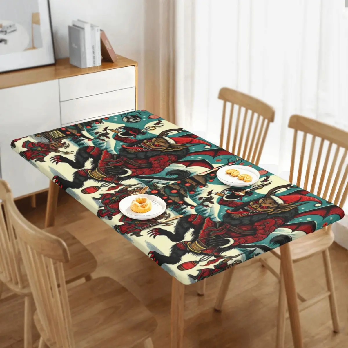 Japanese Woodcut Krampus Customized Rectangular Tablecloth Waterproof Table Cover for Festival Party Decorations Table Cloth