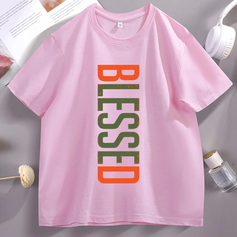 Blessed T-Shirt Christian Faith Tee Religious Soft Comfortable Cotton Short Sleeve Tshirt Streetwear Loose Round Neck Clothes
