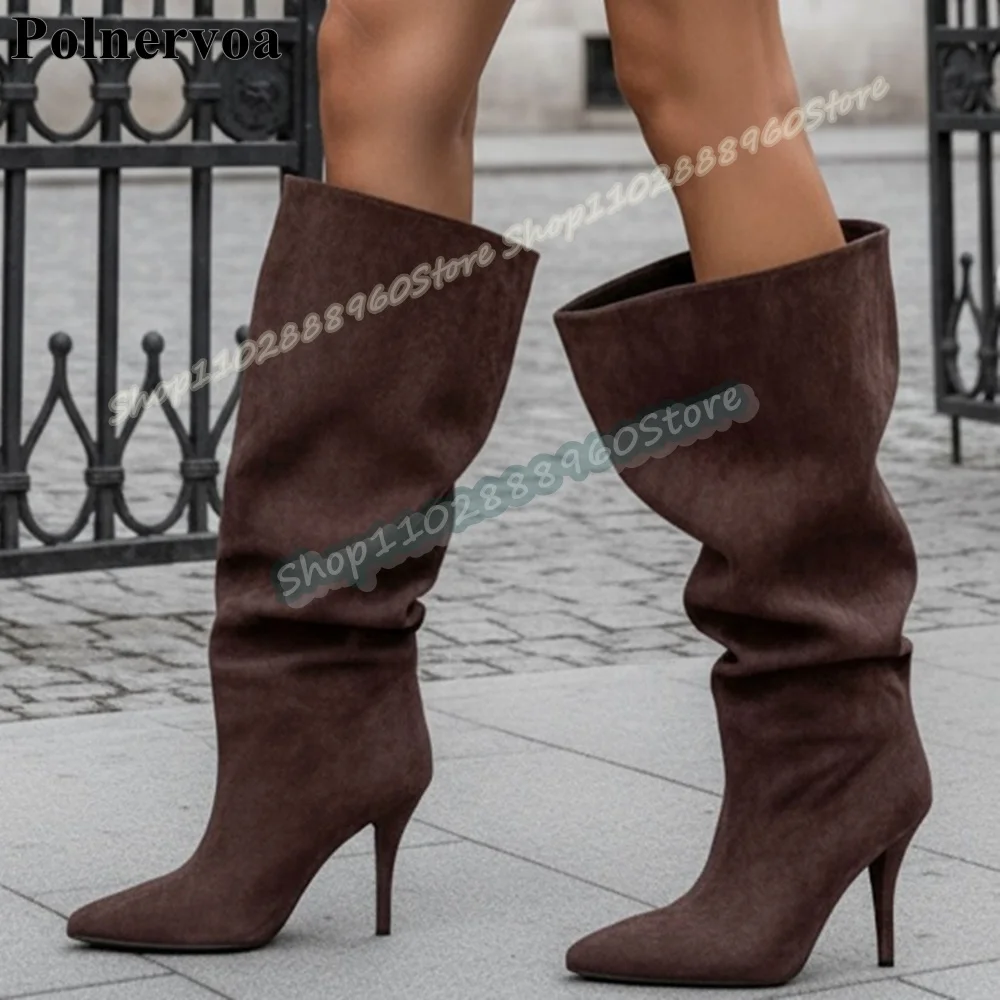 

Big Size Knee High Chocolate Pointy Boots Thin High Heel Shoes For Women Slip On Pointed Toe Fashion Casual Zapatos Para Mujer
