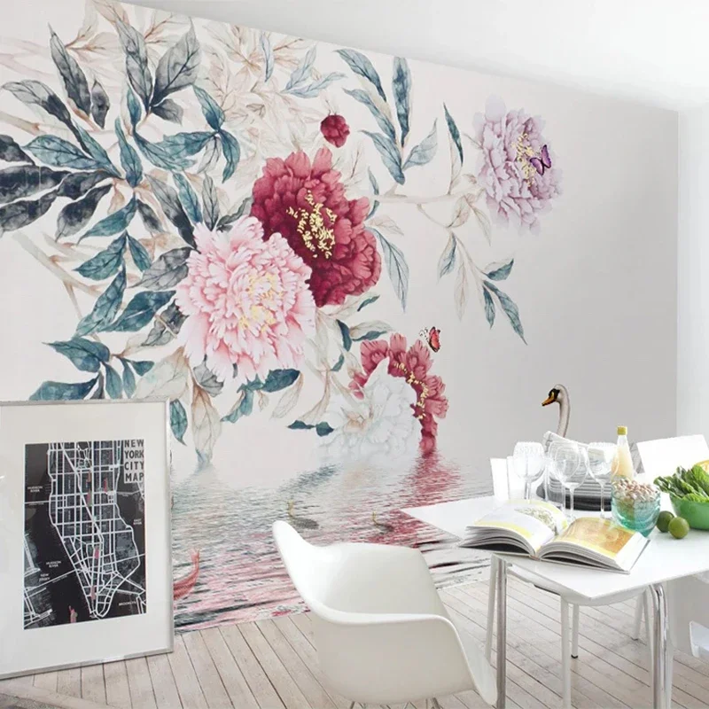 Custom 3D Wall Mural Wallpaper Hand Painted Creative Abstract Peony Flower Swan Photo Wall Papers Home Decor Living Room Bedroom