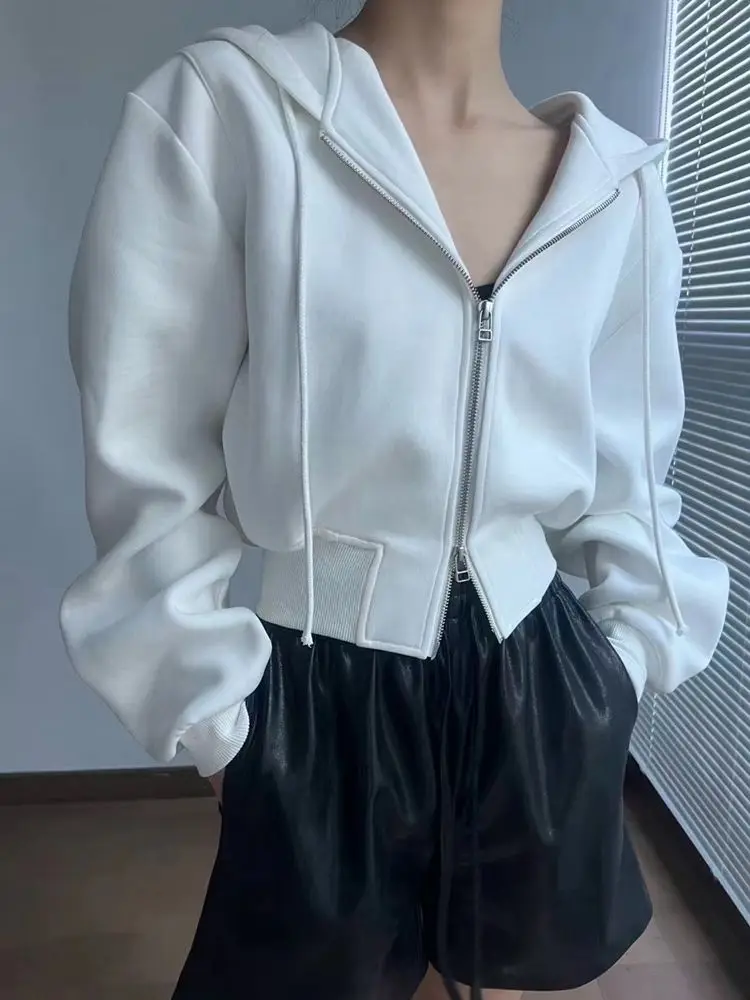 White Hooded Sportswear Women\'s Short Spring And Autumn New Cardigan Jacket With Double Zipper High Waist Sports Jacket