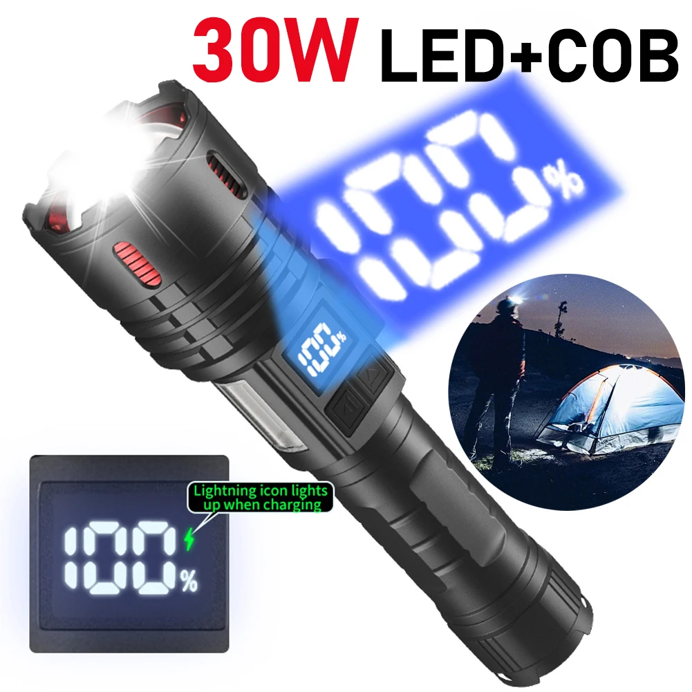 High Power Led Flashlights 2500mAh Camping Torch 30W LED+COB Lamp Beads Waterproof 3 Lighting Modes Multi Function USB Charger