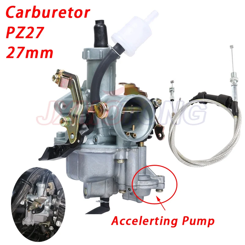 PZ27 27mm gaźnik motocyklowy z pompą przyspieszającą z podwójną linką przepustnicy do 4-suwowego CG125cc 150cc 200cc 250cc 300cc