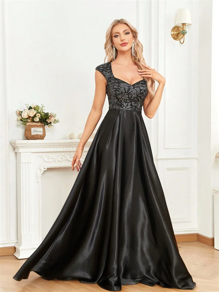 Lucyinlove Elegant Sequins Black Formal Evening Dress For Women 2025 Luxury U-neck Satin Prom Floor Length Cocktail Party Dress