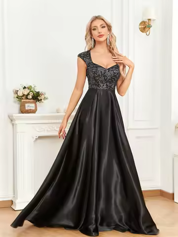 Elegant Sequins Black Formal Evening Dress For Women 2025 Luxury U-neck Satin Prom Floor Length Cocktail Party Dress