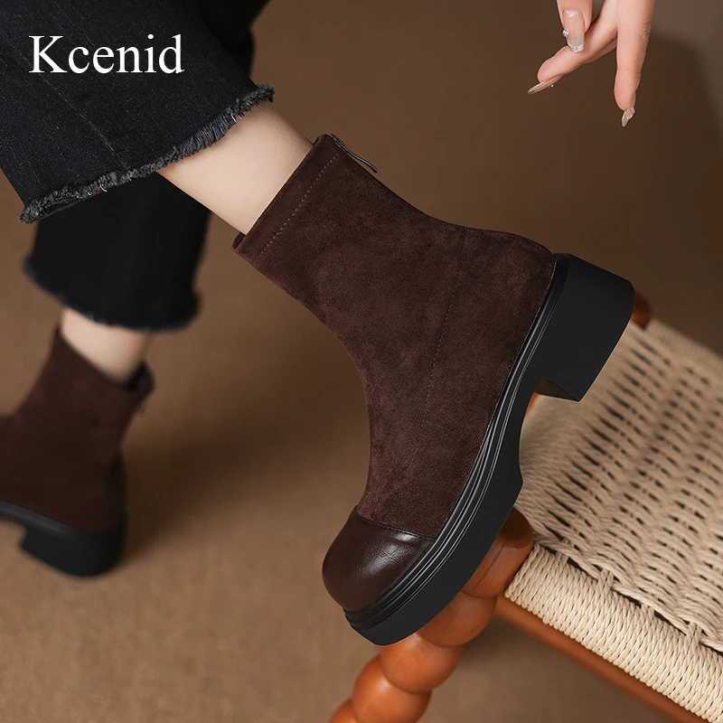 

Kcenid Vintage Shoes Woman Platform Chunky Heels Ankle Boots For Women Autumn Winter Concise Round Toe Modern Boots Size 33-43