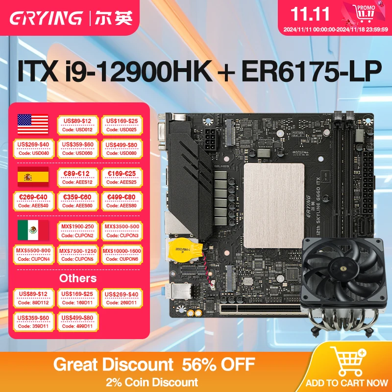 ERYING M-ITX DIY Desktops Motherboard Set with Onboard CPU Core Interpose Kit i9 12900HK+Push-down CPU Air Cooler ER6175-LP