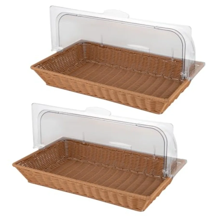 

2 Set Imitation Rattan Bread Basket Fruit Vegetable Wicker Baskets with Clear Lid Woven Baking Storage Display Countertop Recta