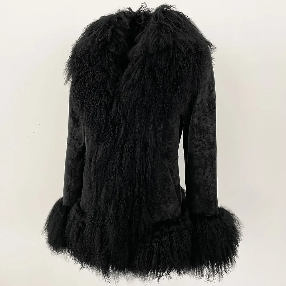 OFTBUY New Winter Warm Curly Mongolia Sheep Fur Jacket Women Vintage Shearling Coat Slim Faux Suede Real Rabbit Fur Clothing