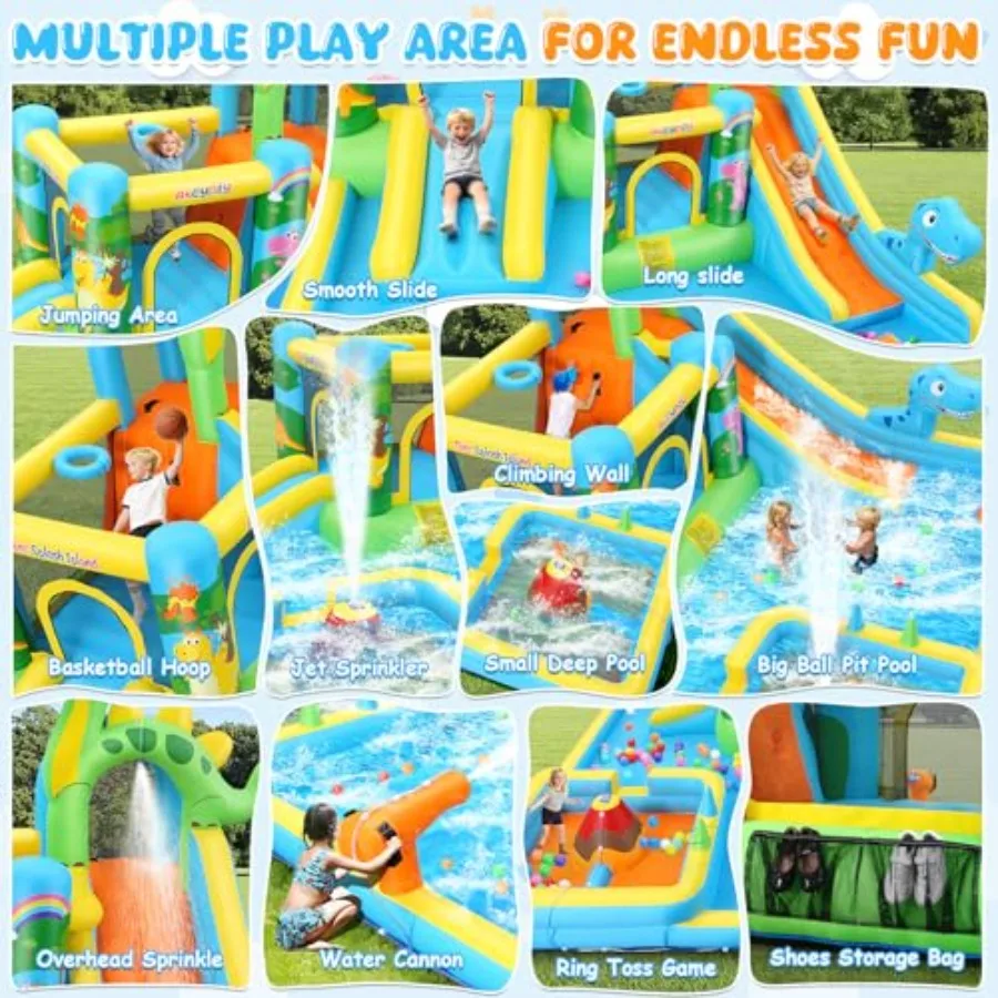 Outdoor backyard inflatable water slide: dinosaur-themed 13-in-1 bounce house for kids 3-12 PVC material blue-green color dual view 4