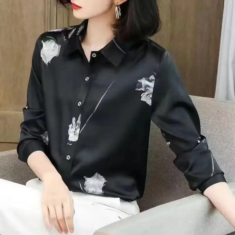 Women's Long Sleeve Spring Autumn Plant&Flowers Printing Button Pocket Chiffon Cardigan Shirt Casual Turn-down Collar Tops