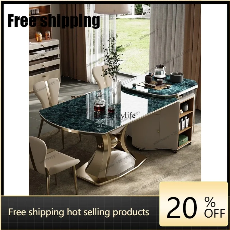 HJ  Integrated Retractable Household Light Luxury Stone Rock Plate Round Table and Chair Combination