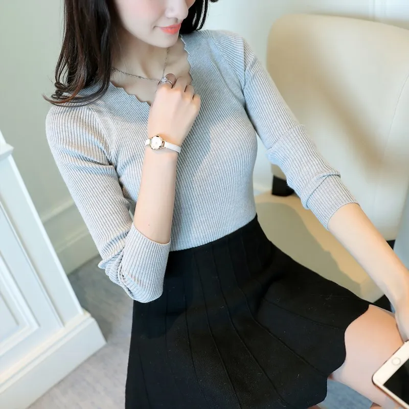 2024 Autumn Long Sleeve Sweater Winter Spring Pullover Solid Black White Knitted Sweater Top Wave Cut V-neck Basic Office 7809