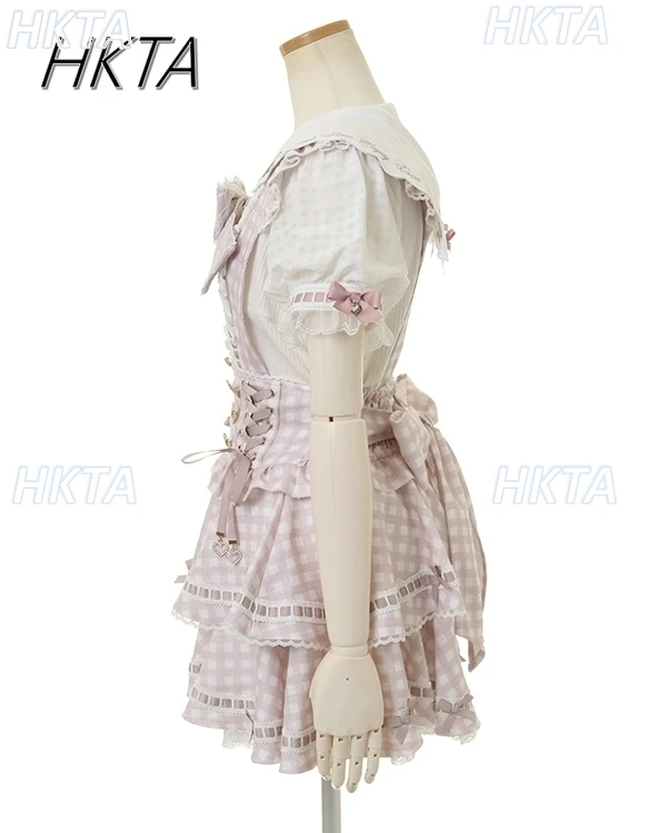 Liz Skirt Japanese Sweet Cute Heavy Industry Print Multi-bow High Waist Plaid Strap Skirt Women Kawaii Girls Pleated Skirt
