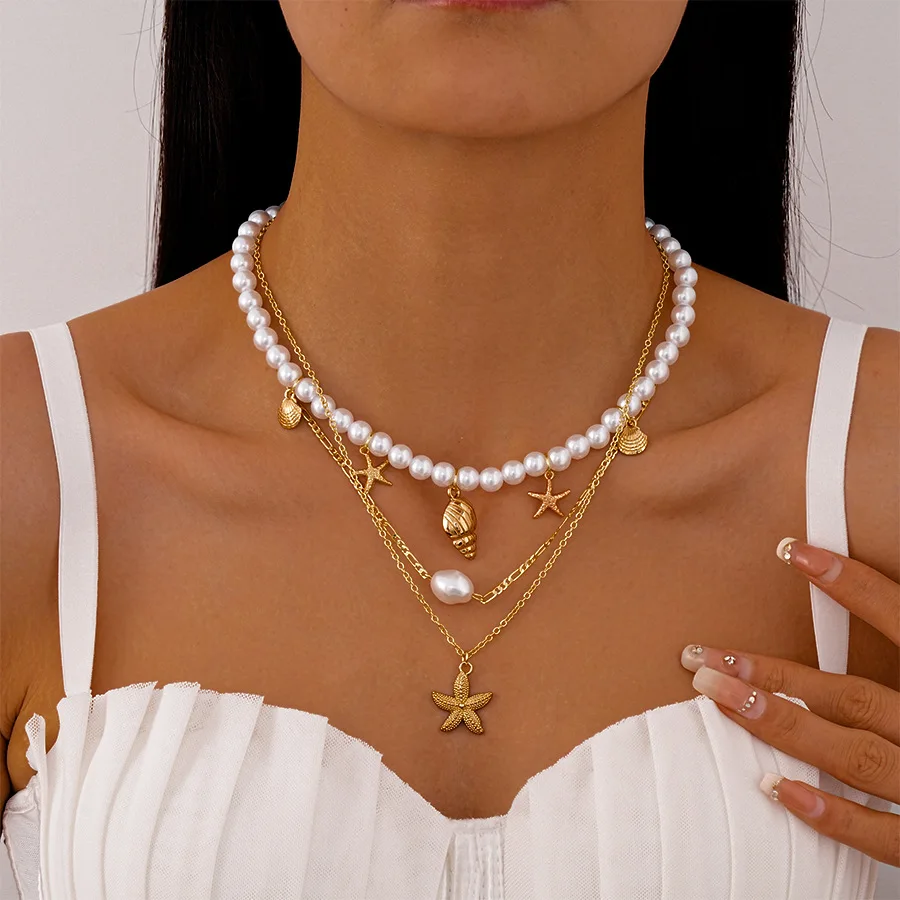 3 pçs oceano estrela do mar concha pingente colar 3 camadas imitação pérola corrente colar para mulheres férias de verão jóias