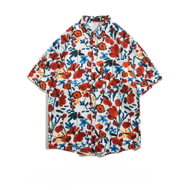 Summer Men's Retro Hawaiian Beach Travel Short Sleeve Printed Shirt High Street Loose Casual Half Sleeve Floral Shirt Coat