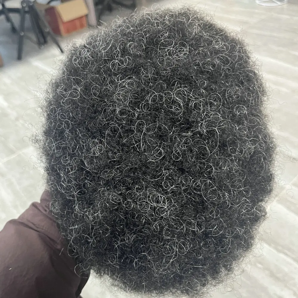 6mm Afro Tight Curly 1B80 1B40 Grau-Schwarz Haarteil Echthaar-System Kapillarprothese Langlebige Vollhautbasis Herren-Toupet – Detail 5