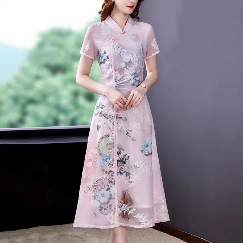 2023 Summer New Short Sleeve Middle Age Embroidery Lmproved Cheongsam Dress Temperament Reduced Age Mom High Dress Chinese Style