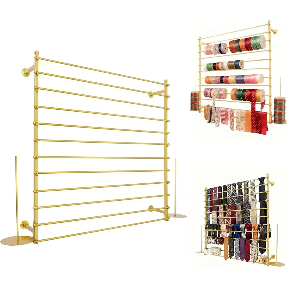 

12-Tier 120cm Gold Wall Rack for Displaying Wrapping Supplies, Ribbons, Scarves, Belts, Towels, and Sewing Accessories