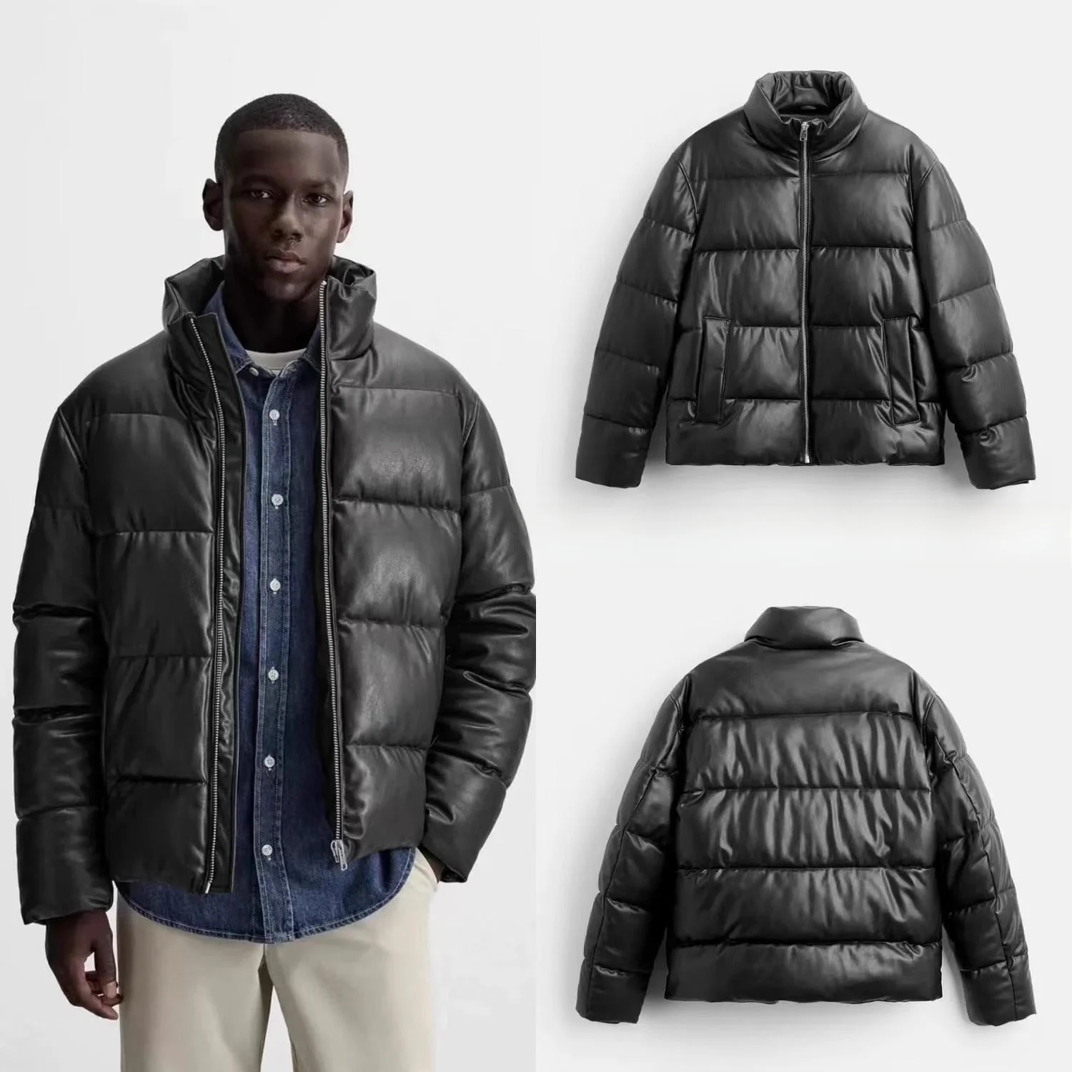 

Warmth Men's Bla Faux Leather Jaet Stand Collar Zipper Coat New Autumn Winter Outerwear Thiened Long Sve Color