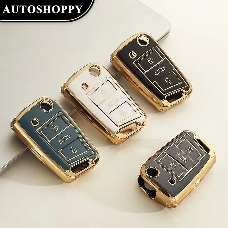 

Golden-edged TPU Car Key Case For Volkswagen MK7 GTI7 Golf 7 GolfR Skoda Octavia A7 SEAT Folding Remote Fob Cover Accessories