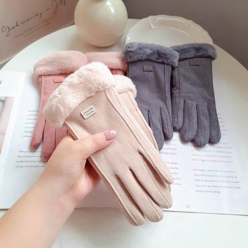 【F】Herbst-Winter-Warme Wildlederhandschuhe mit samtiger, verdickter Plüsch-Dekor-Manschette, Outdoor-Kälteschutz-Touchscreen-Reithandschuhe, Skihandschuhe