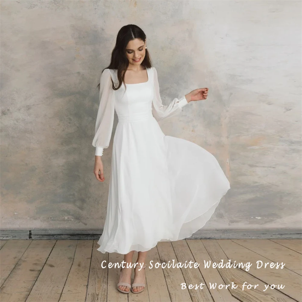 Robe de Mariée Simple en Mousseline de Soie, Tenue Courte, Col Carré, Manches sulf, Longueur Thé, Fermeture Éclair, Ligne A, Élégante, Simple, pour les Patients, Personnalisée