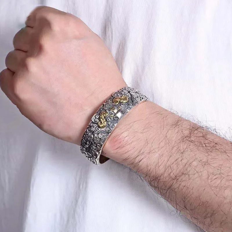 الرجعية العرقية نمط الفضة 925 محفورة الوحش الإلهي المهيمن الماشية سوار موضة الرجال والنساء الاستبداد مجوهرات ﻿ ﻿