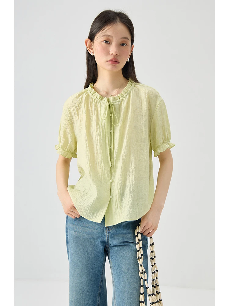 ZIQIAO Women Summer Thin Blouse Light Purple Loose Single Breasted Short Sleeve Shirt Round Neck Female Tops 24ZQ92396