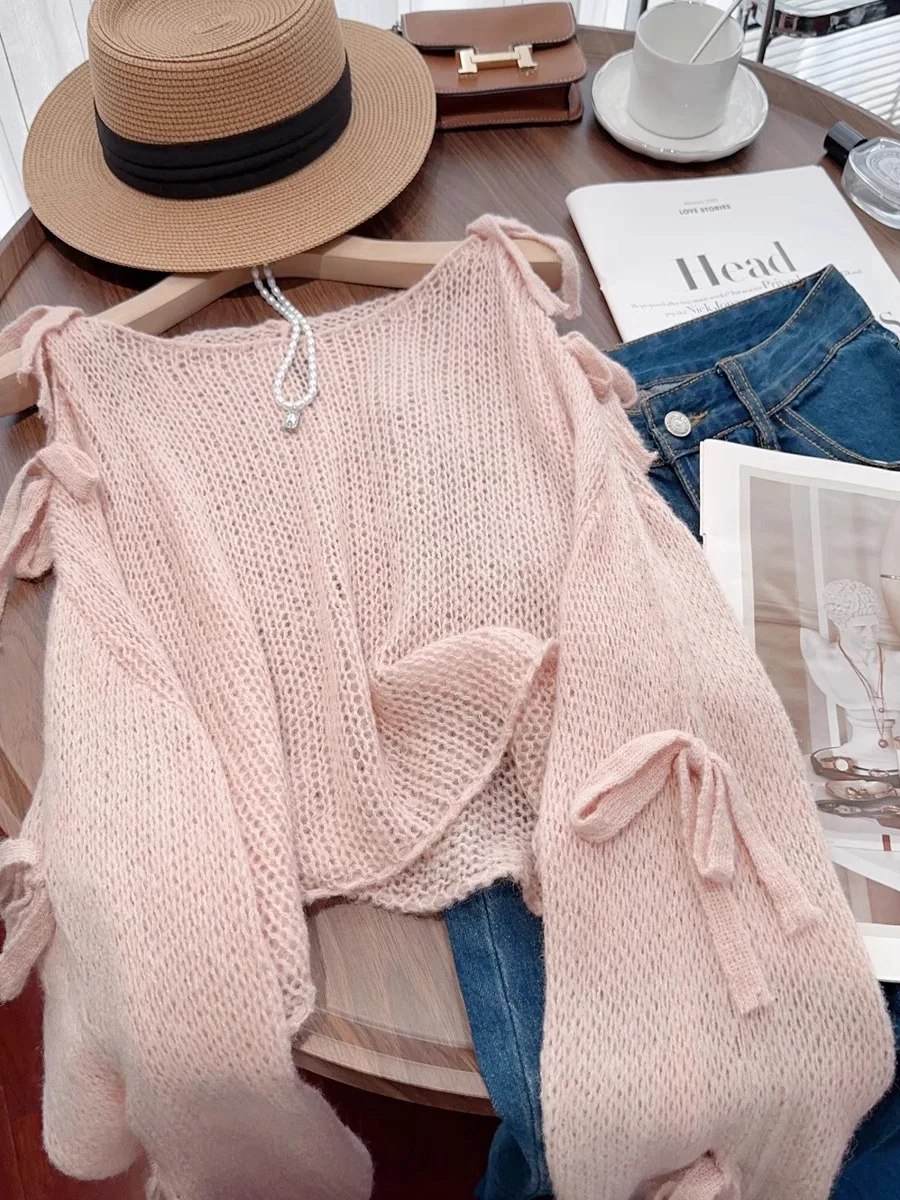 

Women's oulder-baring Knot Long Sve Knitted Sweater ort Sle Lazy Faion Autumn Winter Casual Loose Fit round Ne