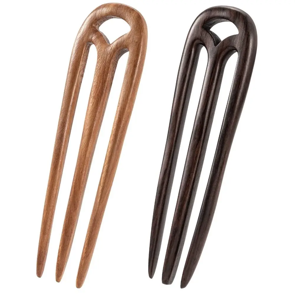Fashion Wooden Hair Forks 3 Prong Ebony Sandalwood Retro Hair Sticks Clips Claws Handmade Carved French Hair Chopsticks Women