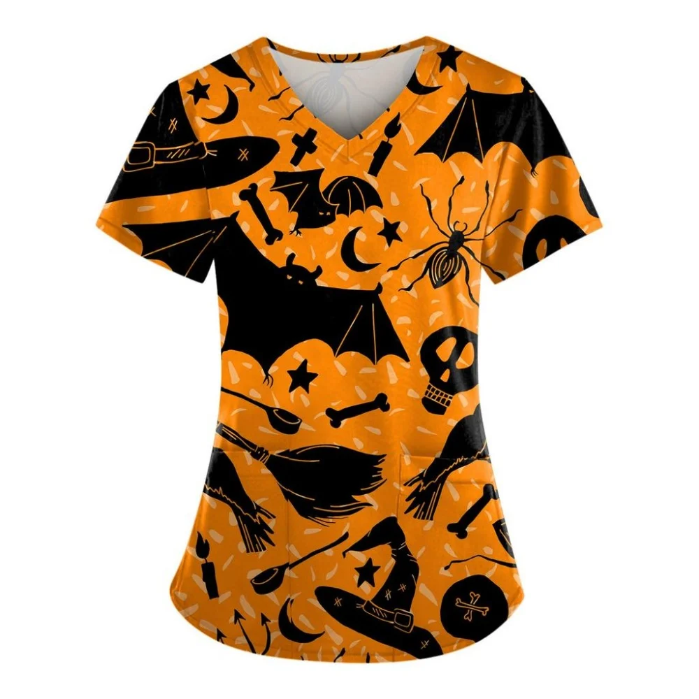 Women's Medical Uniform Halloween Cartoon Print Health Care Nursing Tops Casual Microelastic Short Sleeve Clinical Uniform Woman