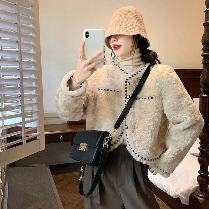 

Корейская куртка из искусственного шерпа, женская элегантная толстая теплая видимая куртка, однобортное осенне-зимнее офисное женское укороченное пальто