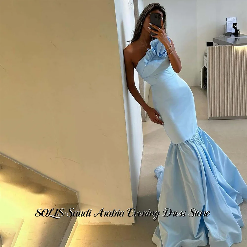 SOLIS Light Blue Evening Dresses One Shoulder Satin Prom Dresses Wrap Hips Party Formal Gown Big Flower robe de bal Customized