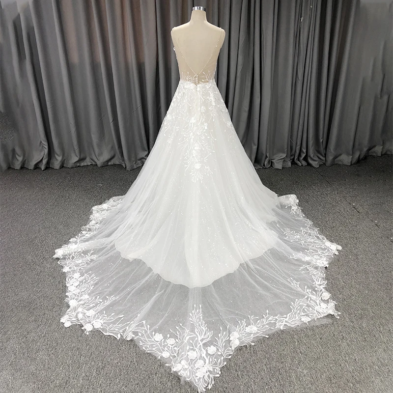 Customized Elegant Embroidery Lace Bridal Dresses Sexy V-neck Long Sleeve Sweep Train Mermaid Wedding With Crystal