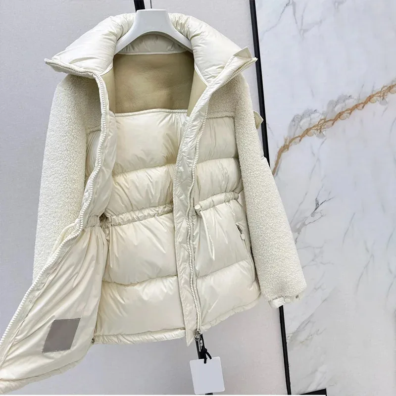 

High quality New cashmere wool spliced warm down jacket for women fashionable stand up collar double pocket zipper coat 2581655
