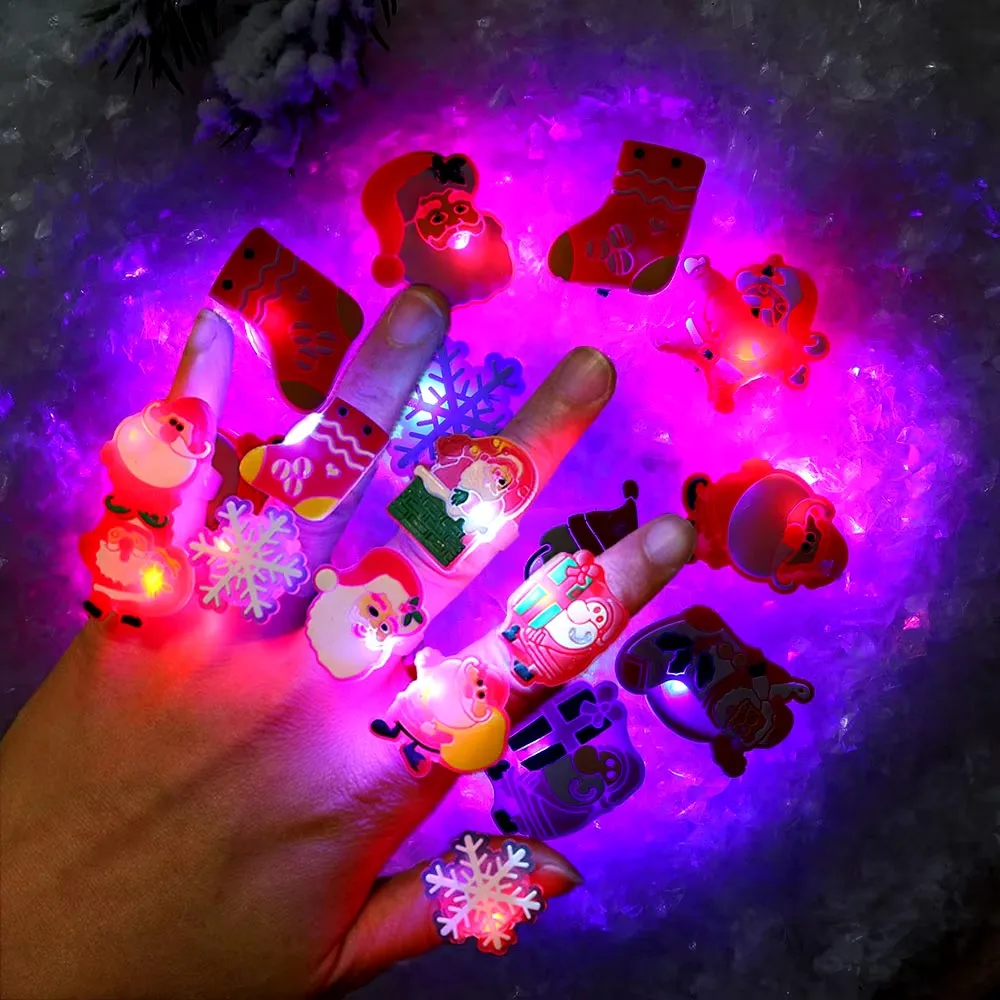 50pcs Christmas LED Flashing Rings Glowing Finger Ring Cute Cartoon Light Up Ring Luminous Rings Toy Christmas Party Supplies