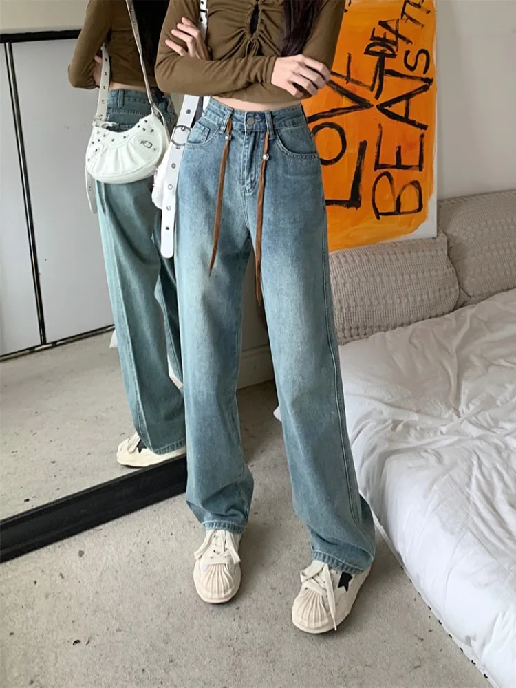 GAODINGLAN Vintage Washed Jeans Women High Waist Lace Up Drawstring Blue Denim Pants Y2k Long Baggy Wide Leg Trousers Female