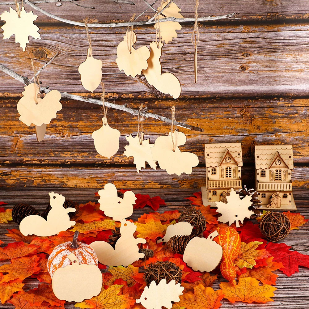 30 teile/satz Unvollendete Holz Ahorn Blätter Kürbis Eichhörnchen Ausschnitte Leere Holz Ornamente Thanksgiving Liefert für DIY Hängen – Detail 4