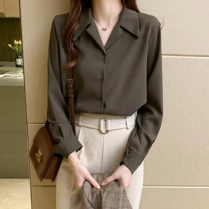 

2024 Women's Spring Autumn Retro Long Sleeve OL Shirts Female Solid Color Chiffon Shirt Ladies Turn Down Collar Blouses J319