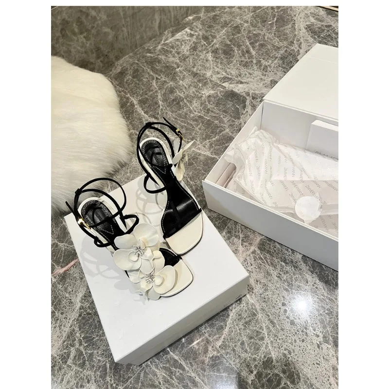 Flower T-Tied Women's Sandals Square Toe Stiletto Side Air Slingback High Heel One Word Belt Buckle Strap Elegant Shoes Wedding