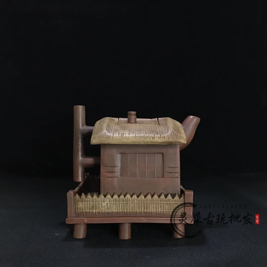 Unique Old Chinese YiXing Handcraft puyple Clay Teapot,thatched cottage shape, with mark, Free shipping