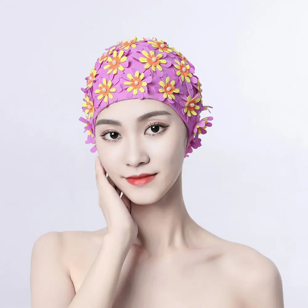 Pearl Floral Petal Swim Cap Long Hair Vintage Style Swimming Hat Lightweight Breathable Flower Swimming Cap Water Sports