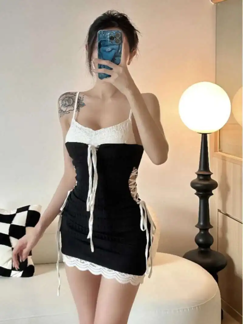 

Women's Short Dressed Summer Sexy Slippery Dress Elegant Spicy Girl Drawstring Tight Fake Two Pieces Fashion Sweet Top 2NJ1