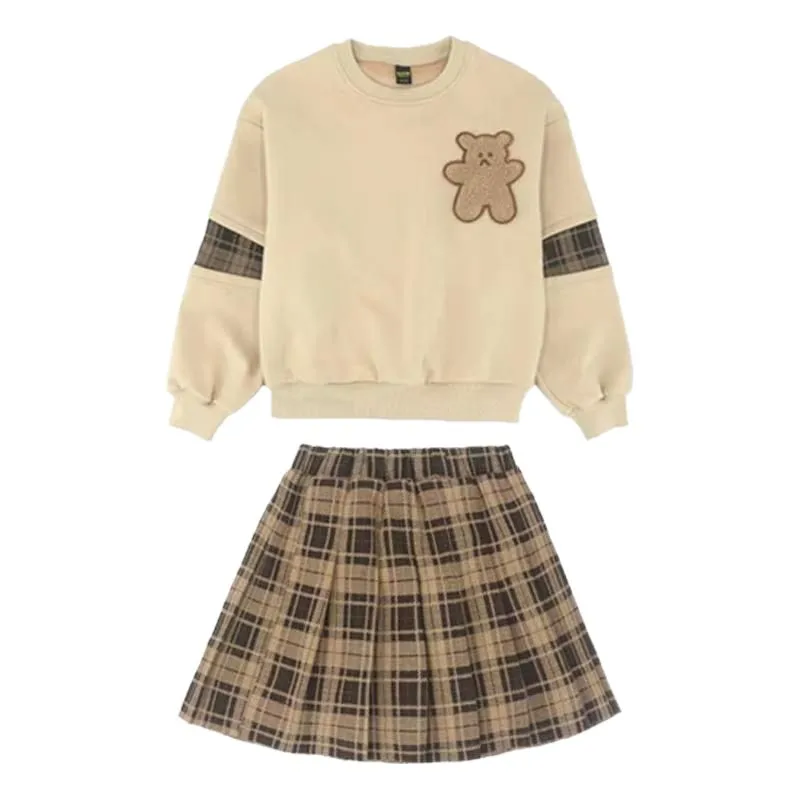 2024 outono primavera meninas roupas adolescente urso com capuz camiseta + xadrez primavera jk saia plissada uniforme 4 5 6 7 8 9 10 11 12 anos