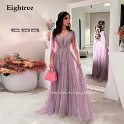 Eightree-Vestidos de Noche de lujo para fiesta, mangas largas, capa, lentejuelas, púrpura, árabe, Dubai, vestidos formales, Túnica de soirée, cola grande