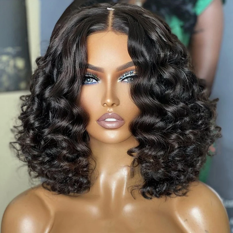 Natural Black Short Bob Glueless Soft 180% Density Kinky Curly Preplucked Deep Lace Front Wig  For Women BabyHair Daily Cosplay